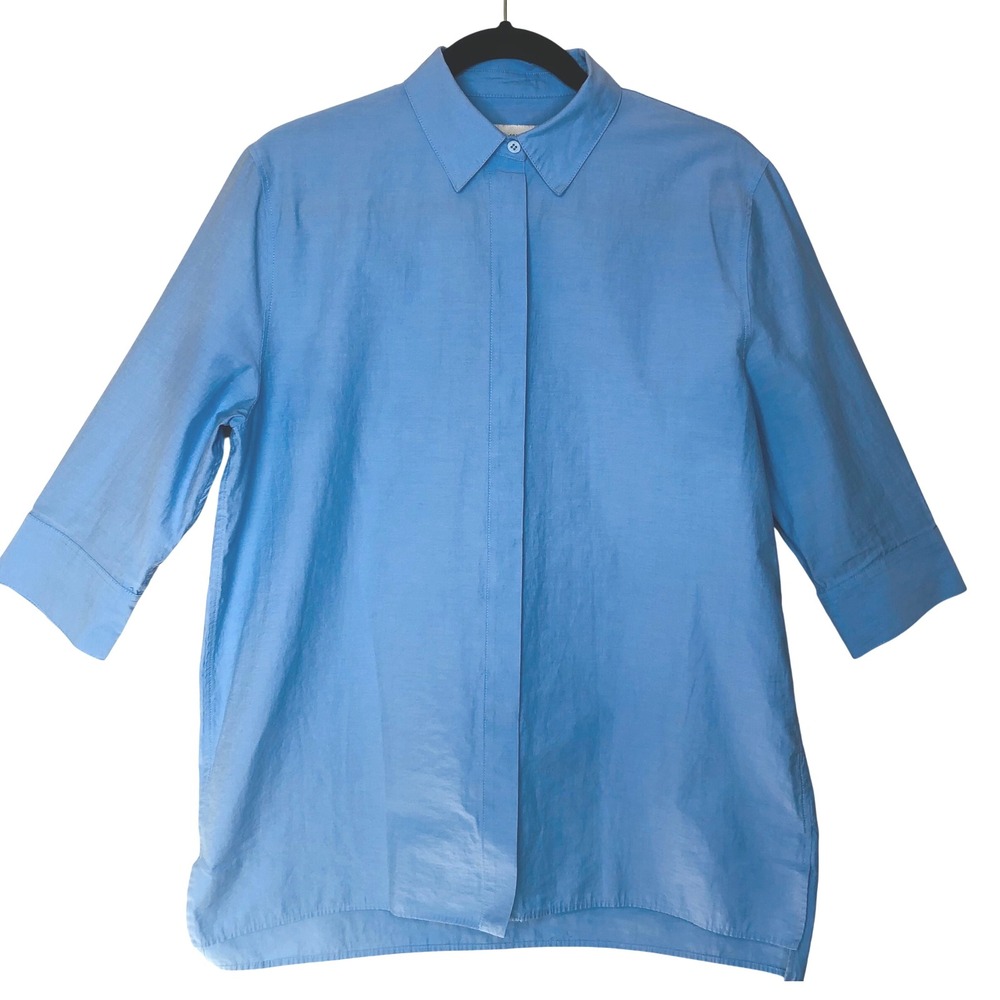 Zara Light Blue Button Down Shirt 3/4 Sleeve Small Minimalist‎ Casual Essential